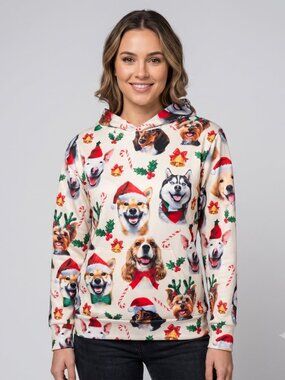 NWOT | Christmas Dog Faces Holiday Print Hoodie Sweatshirt Kangaroo Pocket | Med